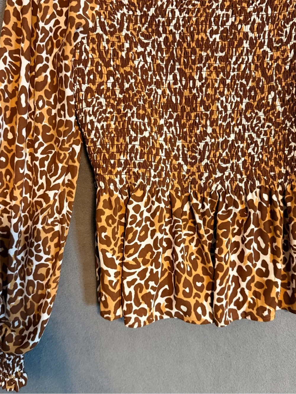 Lilly Pulitzer Brown Leopard Print Smocked Peplum Long Sleeve Blouse Cheetah